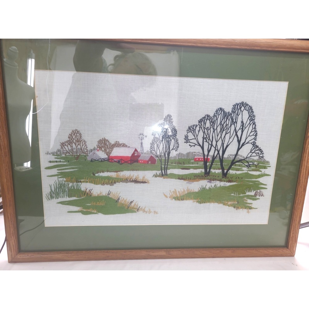 Oak Framed Hand Embroidered Crewel Needlepoint Wall Art Matted 29.75"x21.75"